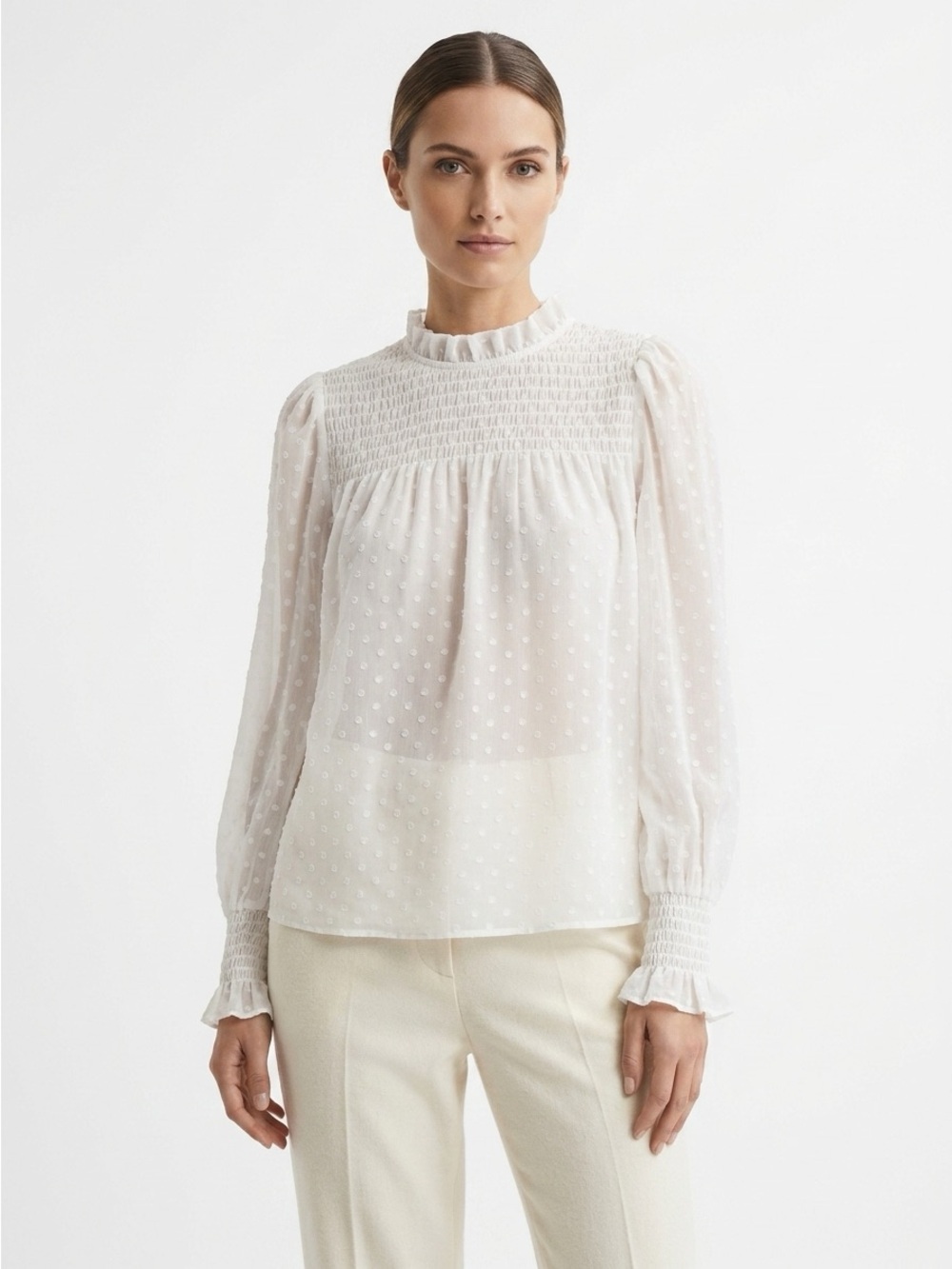 Rebecca Taylor Smocked Ruffle Mock Neck Clip Dot Blouse White XS